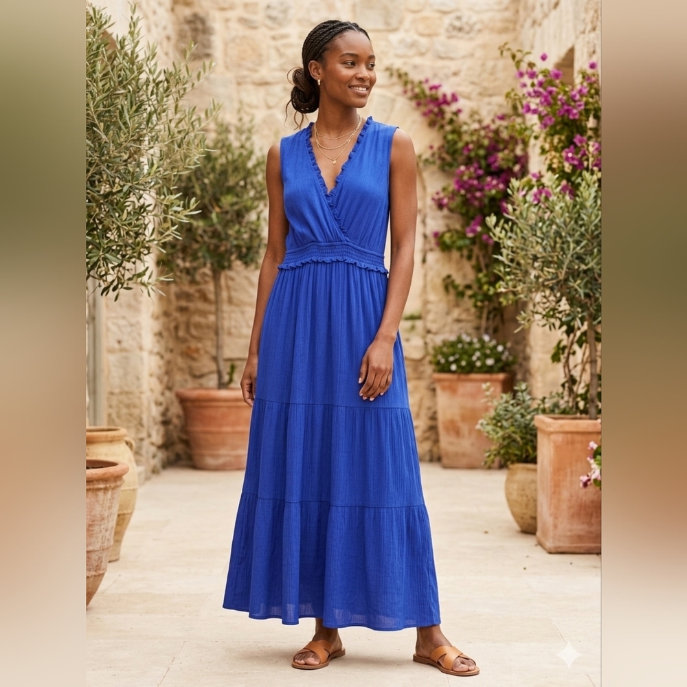 Spense Sleeveless Wrap Tiered Maxi Dress in Royal Blue